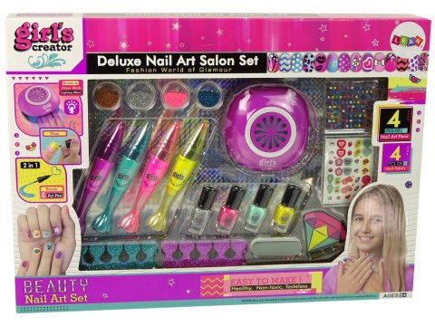 LEAN Toys Duży Zestaw do Malowania Paznokci Pisaki Brokat Naklejki Lampa