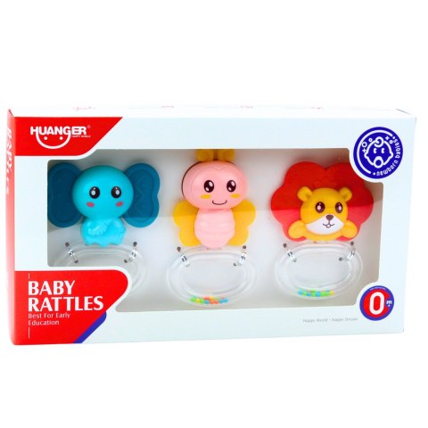 LEAN Toys Zestaw Gryzaków Grzechotek Dla Niemowlaka Zwierzątka 3 ele.