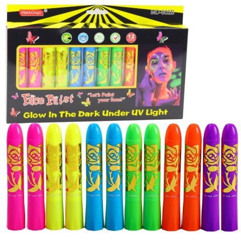 LEAN Zestaw Do Malowania Twarzy Pisaki Kredki Neonowe UV Fluorescencyjne 12szt