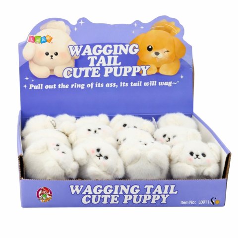 LEAN Toys Pluszowy Biały Piesek z Kręcącym Ogonkiem Dźwięki Piszczenia Brelok 9 cm