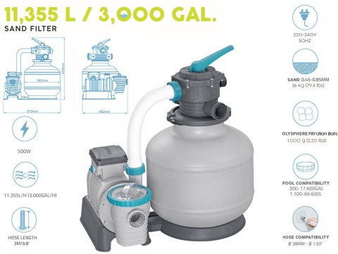 Bestway Bestway wydajna Pompa piaskowa do basenu złączki + węże 11355 L/h 58486