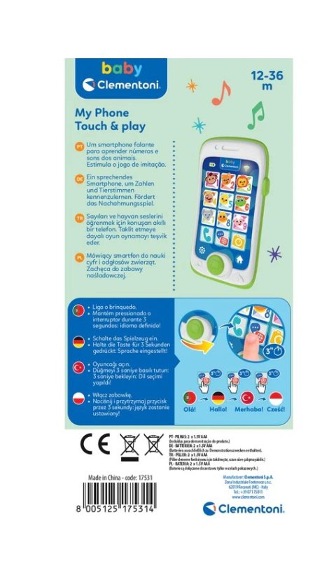 Clementoni Mój Pierwszy Telefon Mówiący Smartfon Dotykowy Język Polski Niemiecki Turecki Portugalski Clementoni 17531