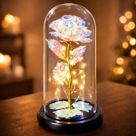 LEAN Wieczna Róża W Kopule Kryształowa Kolorowa Oświetlenie LED 21x11cm