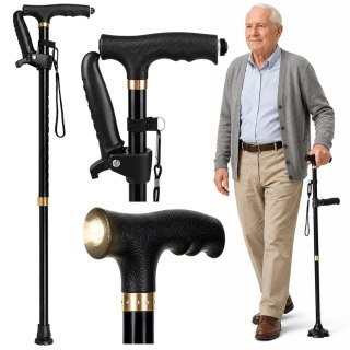 LEAN Laska Składana Regulowana Z Latarką LED Dla Seniora Czarna 80-100 cm