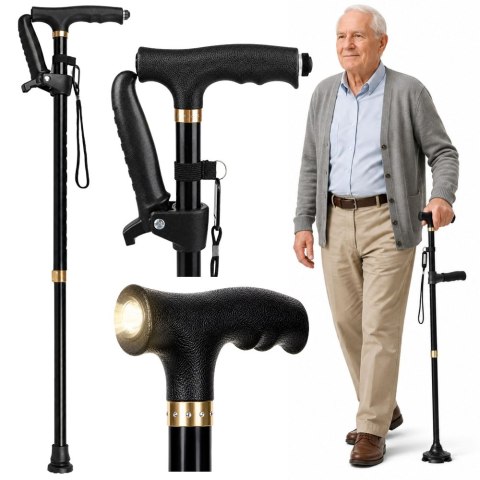 LEAN Laska Składana Regulowana Z Latarką LED Dla Seniora Czarna 80-100 cm