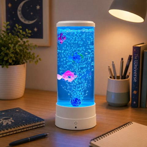 LEAN Lampka Nocna Ozdobna LED RGB Akwarium Z Rybkami 16 Kolorów USB Biała