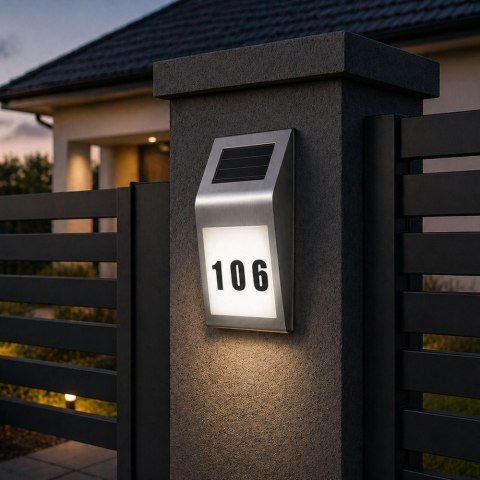 LEAN Solarna Lampa LED Kinkiet z Numerem Domu Podświetlany Ze Stali Nierdzewnej