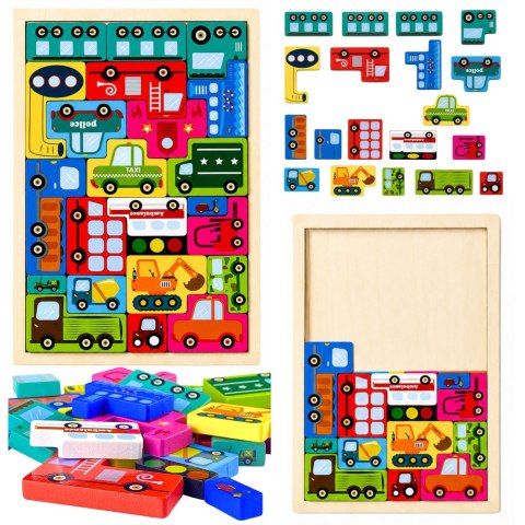 LEAN Toys Drewniane Puzzle Łamigłówka Układanka Logiczna Pojazdy Kolorowe 23 el.