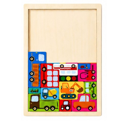 LEAN Toys Drewniane Puzzle Łamigłówka Układanka Logiczna Pojazdy Kolorowe 23 el.