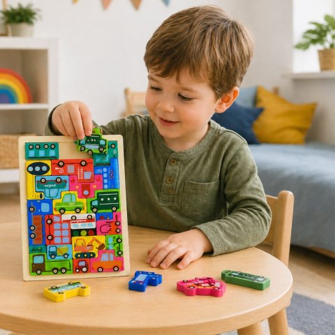 LEAN Toys Drewniane Puzzle Łamigłówka Układanka Logiczna Pojazdy Kolorowe 23 el.