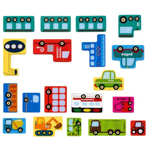 LEAN Toys Drewniane Puzzle Łamigłówka Układanka Logiczna Pojazdy Kolorowe 23 el.