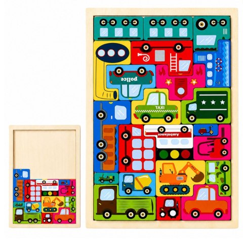 LEAN Toys Drewniane Puzzle Łamigłówka Układanka Logiczna Pojazdy Kolorowe 23 el.