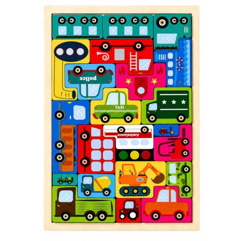 LEAN Toys Drewniane Puzzle Łamigłówka Układanka Logiczna Pojazdy Kolorowe 23 el.