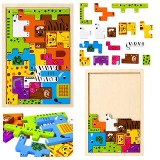 LEAN Toys Drewniane Puzzle Łamigłówka Układanka Logiczna Zwierzęta Kolorowe 20 el.