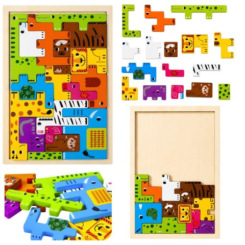 LEAN Toys Drewniane Puzzle Łamigłówka Układanka Logiczna Zwierzęta Kolorowe 20 el.