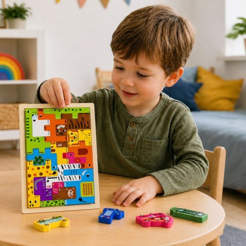 LEAN Toys Drewniane Puzzle Łamigłówka Układanka Logiczna Zwierzęta Kolorowe 20 el.
