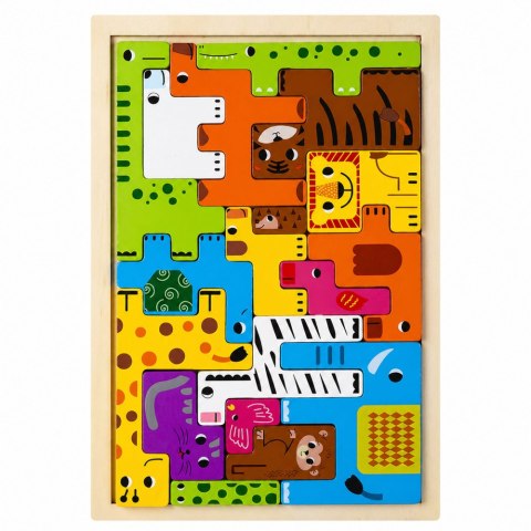 LEAN Toys Drewniane Puzzle Łamigłówka Układanka Logiczna Zwierzęta Kolorowe 20 el.
