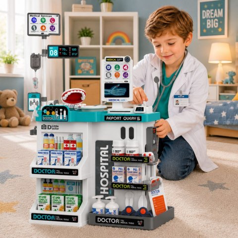 LEAN Toys Duży Zestaw Lekarski Stolik Medyczny Doktor Światła Dźwięki Akcesoria 61el.