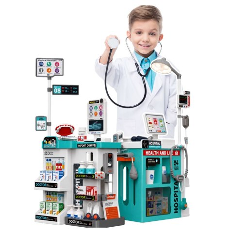 LEAN Toys Duży Zestaw Lekarski Stolik Medyczny Doktor Światła Dźwięki Akcesoria 77el.