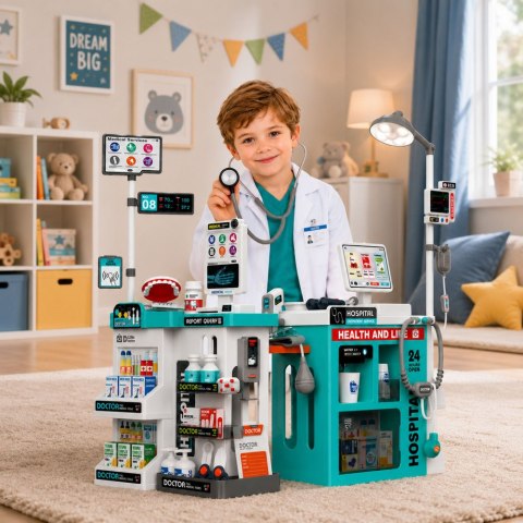 LEAN Toys Duży Zestaw Lekarski Stolik Medyczny Doktor Światła Dźwięki Akcesoria 77el.