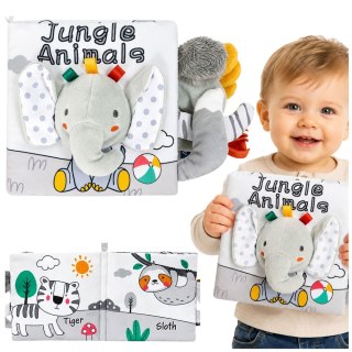 LEAN Toys Miękka Książeczka Sensoryczna Ze Słonikiem Szeleszcząca Piszcząca Szara