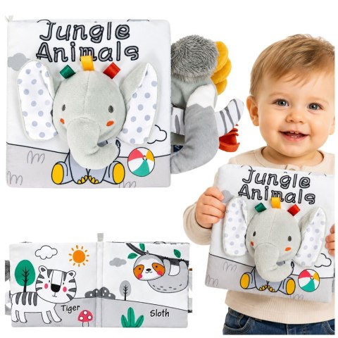 LEAN Toys Miękka Książeczka Sensoryczna Ze Słonikiem Szeleszcząca Piszcząca Szara