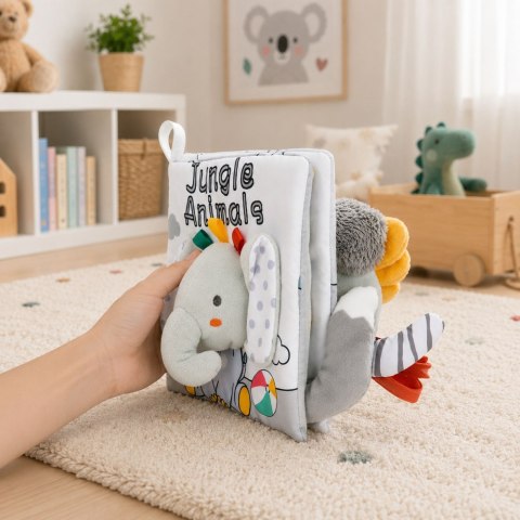 LEAN Toys Miękka Książeczka Sensoryczna Ze Słonikiem Szeleszcząca Piszcząca Szara