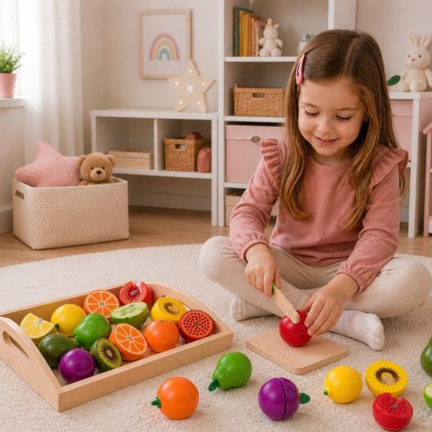 LEAN Toys Zestaw Drewniane Owoce Do Krojenia Magnetyczne Bezpieczny Nóż Deska