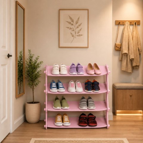 LEAN Szafka Na Buty Lekki Regał 4 Poziomy Półka Wolnostojąca Różowa