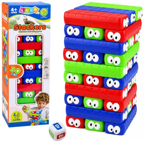 LEAN Toys Gra Zręcznościowa Rodzinna Wieża z Klocków Z Oczkami Kostka Kolorowe 30 el.