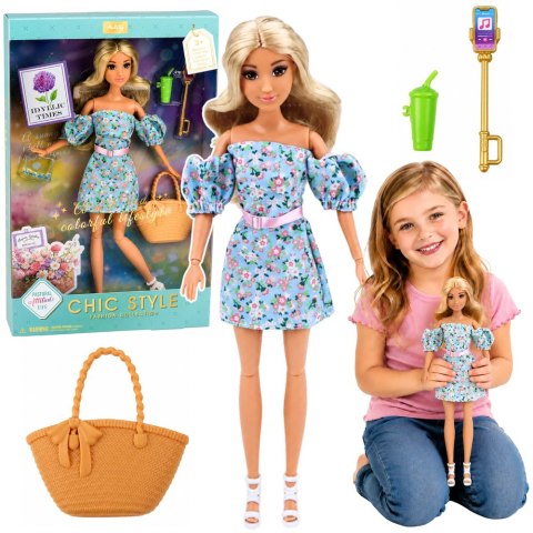 LEAN Toys Lalka Anlily Fashion w Niebieskiej Sukience W Kwiaty Torba Akcesoria Zestaw