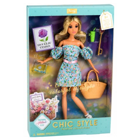 LEAN Toys Lalka Anlily Fashion w Niebieskiej Sukience W Kwiaty Torba Akcesoria Zestaw