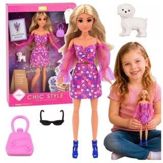 LEAN Toys Lalka Anlily Fashion w Różowej Sukience Piesek Biały Torebka Okulary Zestaw