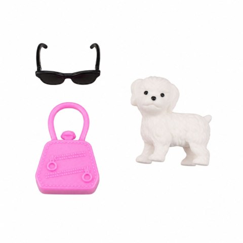 LEAN Toys Lalka Anlily Fashion w Różowej Sukience Piesek Biały Torebka Okulary Zestaw