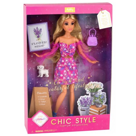 LEAN Toys Lalka Anlily Fashion w Różowej Sukience Piesek Biały Torebka Okulary Zestaw