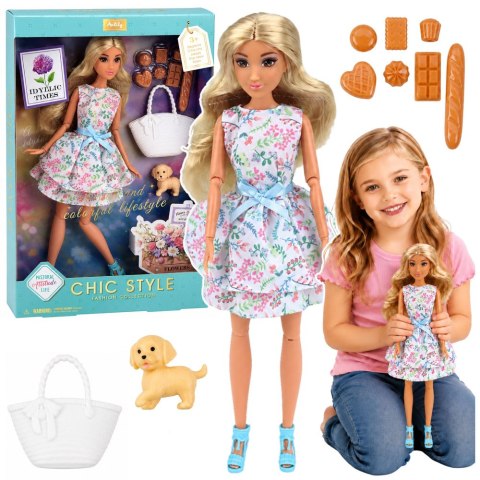 LEAN Toys Lalka Anlily Fashion z Pieskiem Sukienka w Kwiaty Torba Przekąski Akcesoria