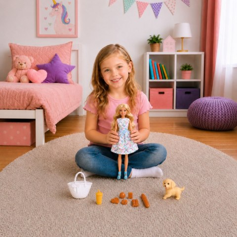 LEAN Toys Lalka Anlily Fashion z Pieskiem Sukienka w Kwiaty Torba Przekąski Akcesoria
