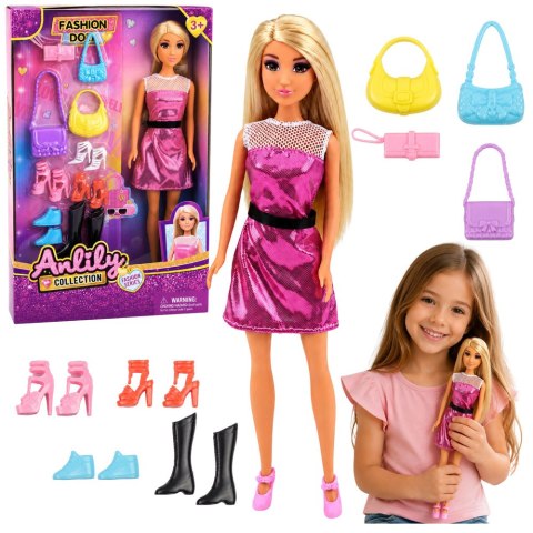 LEAN Toys Lalka Anlily Modowa W Różowej Sukience Zestaw Torebki Buty Akcesoria