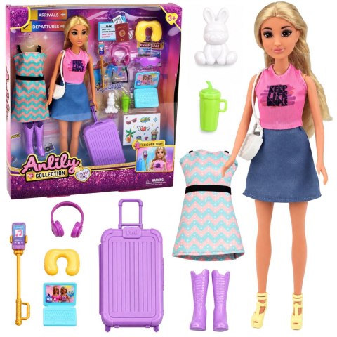 LEAN Toys Lalka Anlily Podróżniczka Z Walizką Poduszka Podróżna Laptop Akcesoria