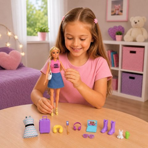 LEAN Toys Lalka Anlily Podróżniczka Z Walizką Poduszka Podróżna Laptop Akcesoria