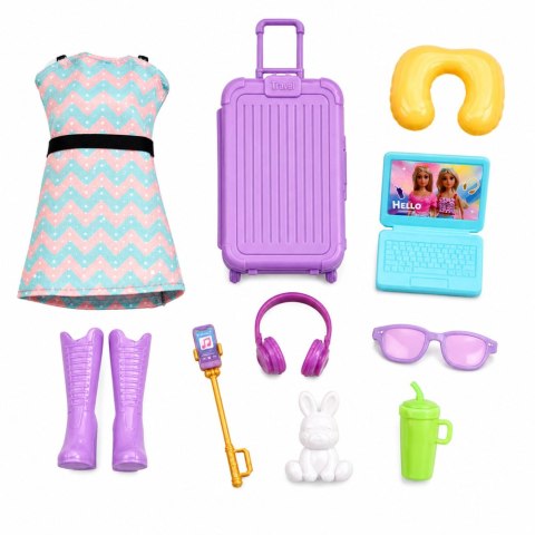 LEAN Toys Lalka Anlily Podróżniczka Z Walizką Poduszka Podróżna Laptop Akcesoria