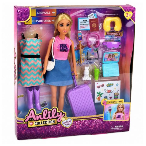 LEAN Toys Lalka Anlily Podróżniczka Z Walizką Poduszka Podróżna Laptop Akcesoria