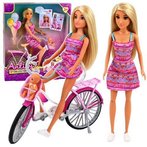 LEAN Toys Lalka Anlily W Różowej Sukience Z Rowerem i Dzieckiem Fotelik Zestaw