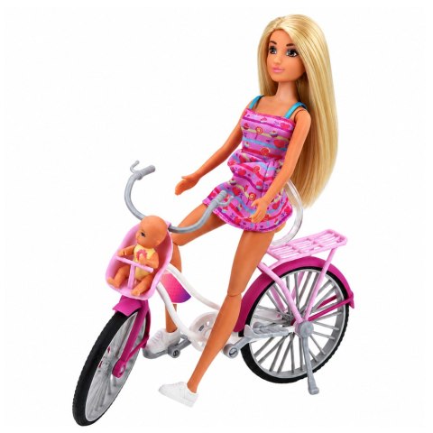 LEAN Toys Lalka Anlily W Różowej Sukience Z Rowerem i Dzieckiem Fotelik Zestaw