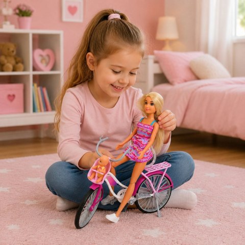 LEAN Toys Lalka Anlily W Różowej Sukience Z Rowerem i Dzieckiem Fotelik Zestaw