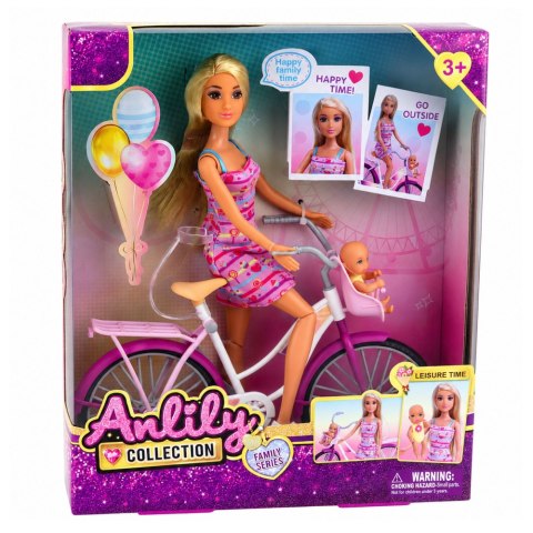 LEAN Toys Lalka Anlily W Różowej Sukience Z Rowerem i Dzieckiem Fotelik Zestaw