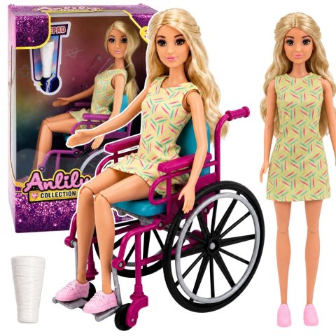 LEAN Toys Lalka Anlily W Żółtej Sukience Na Wózku Inwalidzkim Gips Akcesoria Zestaw