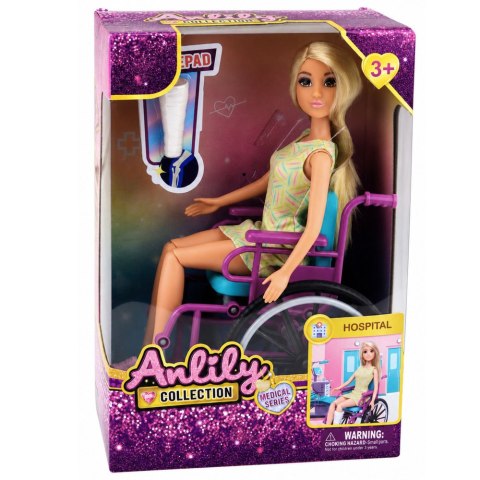 LEAN Toys Lalka Anlily W Żółtej Sukience Na Wózku Inwalidzkim Gips Akcesoria Zestaw