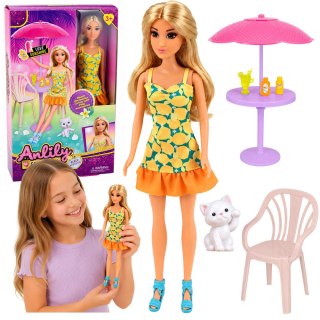 LEAN Toys Lalka Anlily W Żółtej Sukience Z Kotek Meble Ogrodowe Parasol Akcesoria