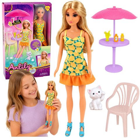 LEAN Toys Lalka Anlily W Żółtej Sukience Z Kotek Meble Ogrodowe Parasol Akcesoria